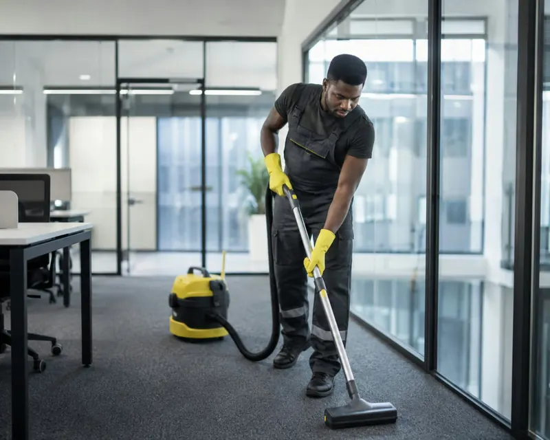 Reinigungskraft saugt den Teppich in einem Büro mit Glaswänden